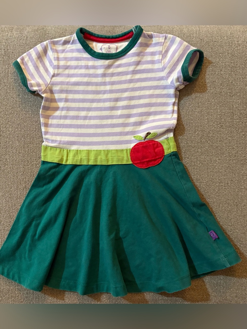 Lavender Stripe & Green Skirt Kids Dress with Red Apple Accent